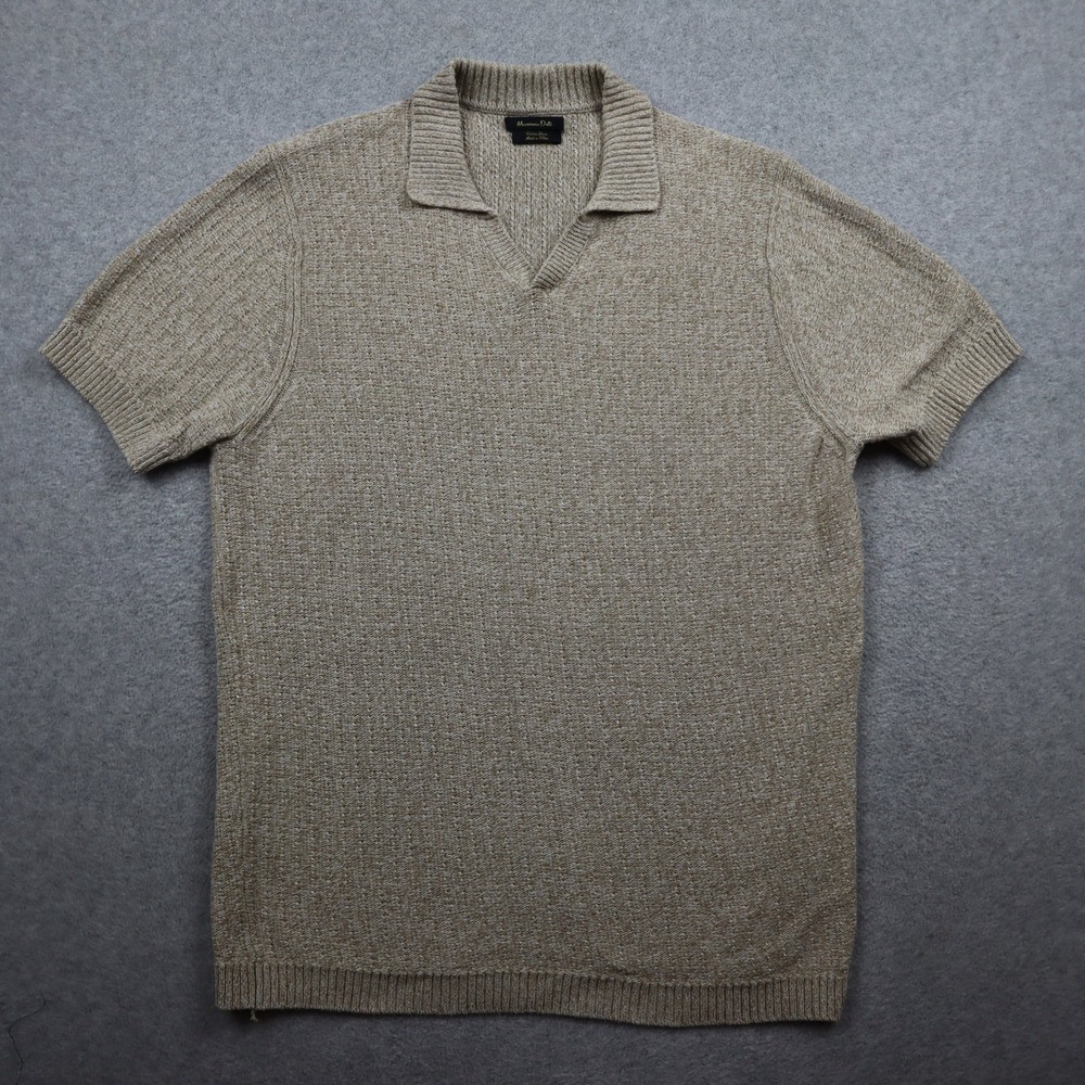 Massimo Dutti Knit Polo Mens L Short Sleeve Beige Marled Cotton Linen Textured